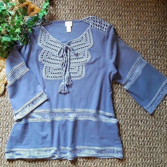 CHICOS Lt Blue Cotton Gauze Crochet Peasant Top - Picture 1 of 8